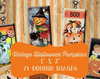 Vintage Halloween Pumpkins 1 x 2 inch Domino Digital Collage Sheet - Printable Download - Jewelry, Scrapbook, Pendants
