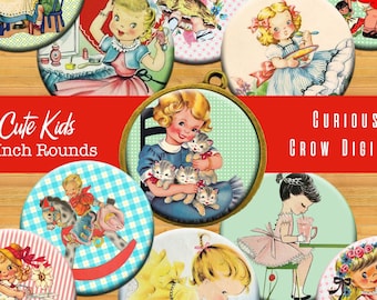 Cute Vintage Kids 1 Inch Circle Rounds Digital Collage Sheet -  INSTANT Download -Bottle Cap Pendant Jewelry Printable