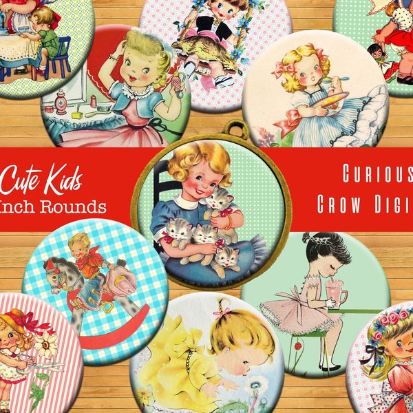 Cute Vintage Kids 1 Inch Circle Rounds Digital Collage Sheet -  INSTANT Download -Bottle Cap Pendant Jewelry Printable