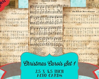 Grunge Vintage Christmas Carols Digital Collage Sheet ACEO ATC 2.5 x 3.5 Junk Journal Mixed Media Printable Download