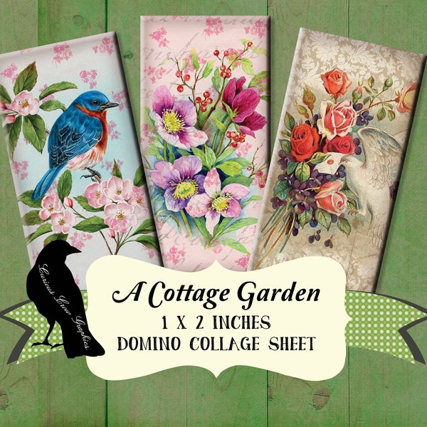 Cottage Garden 1 x 2 inch Domino Digital Collage Sheet - INSTANT Printable Download - Jewelry, Scrapbook, Pendants