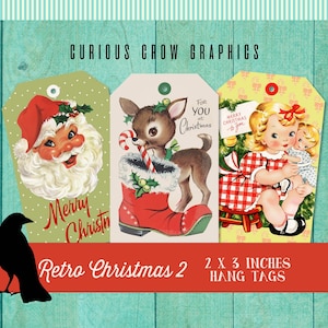 Retro Mid Century Christmas Gift Tags Digital Collage Sheet  2  x 3.2 Inches -  Printable Download Hang Tags Junk Journals Scrapbook