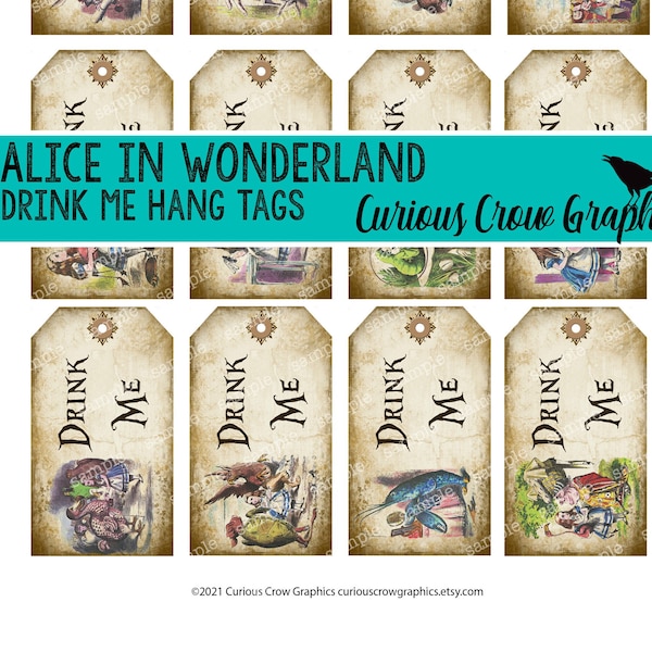 Drink Me Alice in Wonderland Grungy Color Hang Tags 1.7 x 3 Inches INSTANT Printable Download Wedding or Party Favors