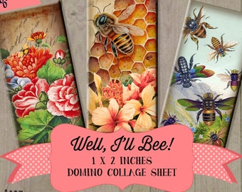 vintage Bees 1 x 2 pouces Domino Digital Collage Sheet - « Well, I'll Bee » INSTANT Printable Download - Bijoux, Scrapbook, Pendentifs