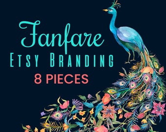 Etsy Shop Banner Set - Pre-made Peacock Design - 8 Piece Set - "Fanfare"