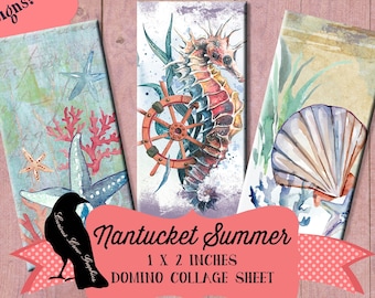 Nautical Beach Sea Life 1 x 2 inch Domino Digital Collage Sheet Nantucket Summer - Instant Printable Download - Jewelry, Scrapbook, Pendants