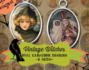 Vintage Halloween Witches Oval Jewelry Cabochon Digital Collage Sheets 4 Sizes 30 x 40mm, 22 x 30mm, 18 x 25mm, 13 x 18mm Printable Download