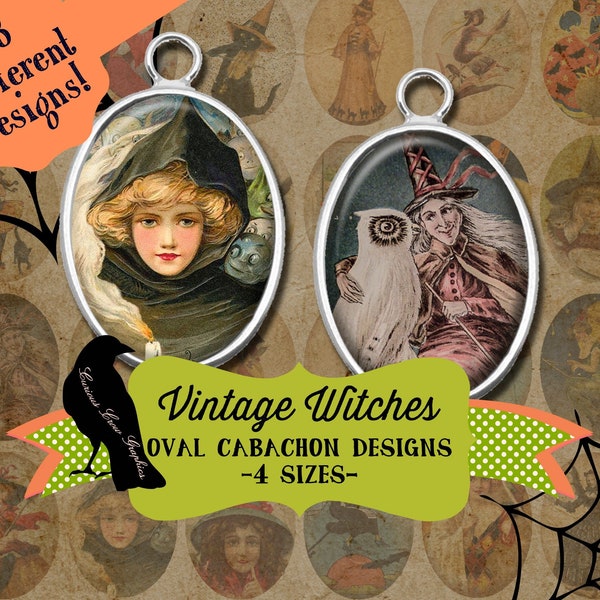 Vintage Halloween Witches Oval Jewelry Cabochon Digital Collage Sheets 4 Sizes 30 x 40mm, 22 x 30mm, 18 x 25mm, 13 x 18mm Printable Download