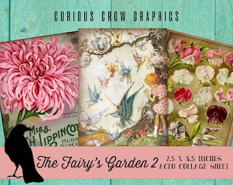 Vintage Fairy  Flower Images Digital Collage Sheet The Fairy's Garden2 2.5x3.5 ACEO Junk Journal, Mixed Media, Hang Tag, Printable Download