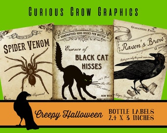 Creepy Halloween Bottle Labels 2.4" x 3" Digital Collage Sheet  - INSTANT Printable Download - Grungy Crow, Bat, Spider and Cat