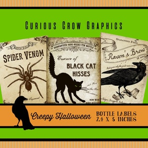 Espeluznante botella de Halloween etiquetas 2,4 "x 3" hoja de Collage Digital - descarga imprimible instantánea - Cuervo Grungy, murciélago, araña y gato