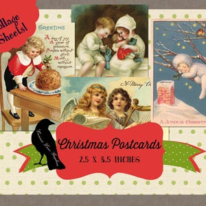 Vintage Christmas Postcard Digital Collage Sheets FIVE PAGES 40 Img 2.5 x 3.5&quot; ACEO Printable Download Gift Tags Junk Journal Collage Cards