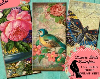 Set of 3 Sheets Vintage Flowers, Birds and Butterflies  1 x 2 inch Domino Digital Collage Printable Download Jewelry, Scrapbook, Pendants