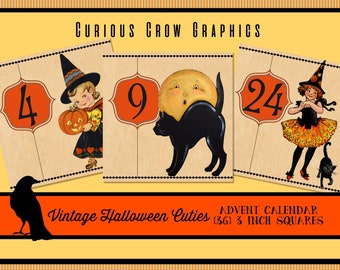 Halloween Advent Calendar Set of 6 Collage Sheets 3" Images Printable Download Vintage Cuties