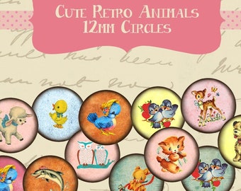 Cute Retro Animals 12mm Circle Rounds Digital Collage Sheet -  INSTANT Download - Bottle cap Pendant Jewelry - Printable Download