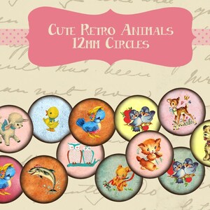Cute Retro Animals 12mm Circle Rounds Digital Collage Sheet -  INSTANT Download - Bottle cap Pendant Jewelry - Printable Download