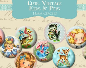 Cute Vintage Children and Animals 14mm Circle Rounds Digital Collage Sheet  INSTANT Download - Bottle cap Pendant Jewelry