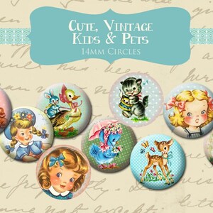 Cute Vintage Children and Animals 14mm Circle Rounds Digital Collage Sheet  INSTANT Download - Bottle cap Pendant Jewelry