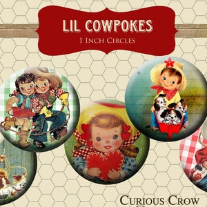 Cute Vintage Cowboy and Cowgirl Kids 1 inch 25mm Circle Rounds Digital Collage Sheet - INSTANT Download - Bottle cap Pendant Jewelry