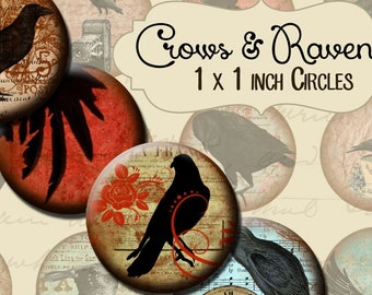 Crows & Ravens Grungy 1 inch 25mm Circles Digital Collage Sheet - INSTANT Download - Bottle cap Pendant Jewelry - Printable Download