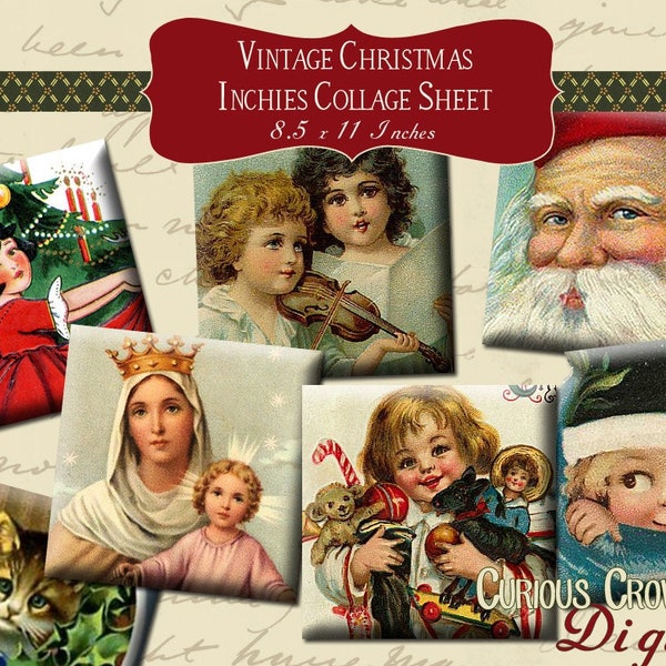 Vintage Christmas Inchies Digital Collage Sheet 1 x 1  Squares INSTANT Printable Download Jewelry Pendant