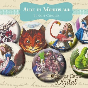 Vintage Colorful  Alice in Wonderland 1 inch 25mm Circle Rounds Digital Collage Sheet -  INSTANT Download - Bottle cap Pendant Jewelry