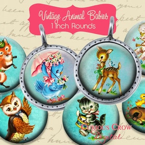 Vintage Animal Babies 1 inch Circle Rounds Digital Collage Sheet -  INSTANT Download - Bottle cap Pendant Jewelry - Printable Download