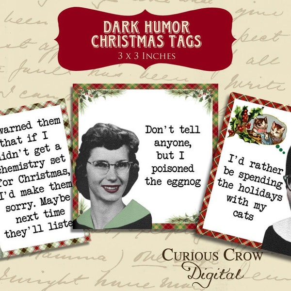 Dark Humor Christmas Gift Tags Digital Collage Sheet  3 x 3 Inches -  INSTANT Printable Download- Vintage Style Women