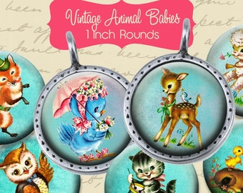 Vintage Animal Babies 1 inch Circle Rounds Digital Collage Sheet -  INSTANT Download - Bottle cap Pendant Jewelry - Printable Download