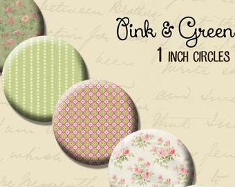 Pink and Green Flowers, Stripes 1 inch (25mm) Circle Rounds  INSTANT Download - Bottle cap Pendant Jewelry - Printable Download