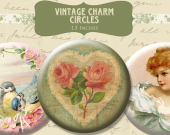Vintage Charm 1.5 inch Circle Rounds Digital Collage Sheet -  INSTANT Download - Bottle cap Pendant Jewelry - Printable Download