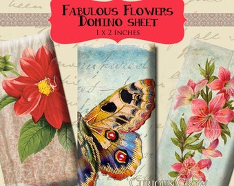 Fabulous Flowers Domino Digital Collage Sheet 1 x 2 inches INSTANT Printable Download - Jewelry, Scrapbook, Pendants