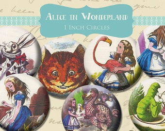 Vintage Colorful  Alice in Wonderland 1 inch 25mm Circle Rounds Digital Collage Sheet -  INSTANT Download - Bottle cap Pendant Jewelry