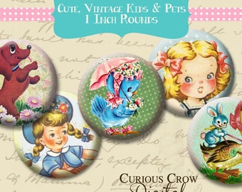 Cute Vintage Children and Animals 1 inch 25mm Circle Rounds Digital Collage Sheet   INSTANT Download - Bottle cap Pendant Jewelry