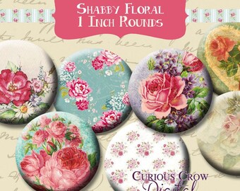 Shabby Flowers 1 Inch (25mm) Circles Digital Collage Sheet -  INSTANT Download - Bottle cap Pendant Jewelry - Printable Download