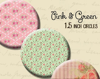 Pink and Green Flowers and Stripes 1.5 inch (38mm) Circle Rounds Digital Collage Sheet -  INSTANT Download - Bottle cap Pendant Jewelry