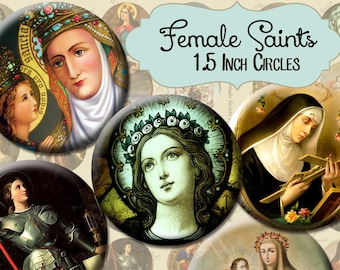 Female Saints 1.5 inch Circle Rounds Digital Collage Sheet - INSTANT Download - Religious Bottle cap Pendant Jewelry - Printable Download