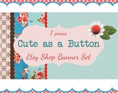 Etsy Shop Banner Set - Vintage Floral Design - Cute - 6 Piece Set - Aqua Blue and Red quot Cute as a Button quot