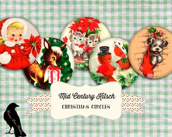 Christmas Circle Rounds Mid Century Kitschy 1" 25 mm Digital Collage Sheet Instant Download Pendant Jewelry