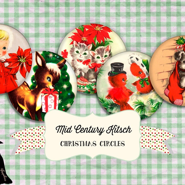 Christmas Circle Rounds Mid Century Kitschy 1" 25 mm Digital Collage Sheet Instant Download Pendant Jewelry