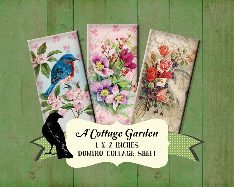 Cottage Garden 1 x 2 inch Domino Digital Collage Sheet INSTANT Printable Download Jewelry, Scrapbook, Pendants image 1