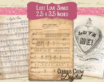 Grunge Vintage Love Songs Digital Collage Sheet ACEO ATC 2.5 x 3.5 Junk Journal Mixed Media Printable Download