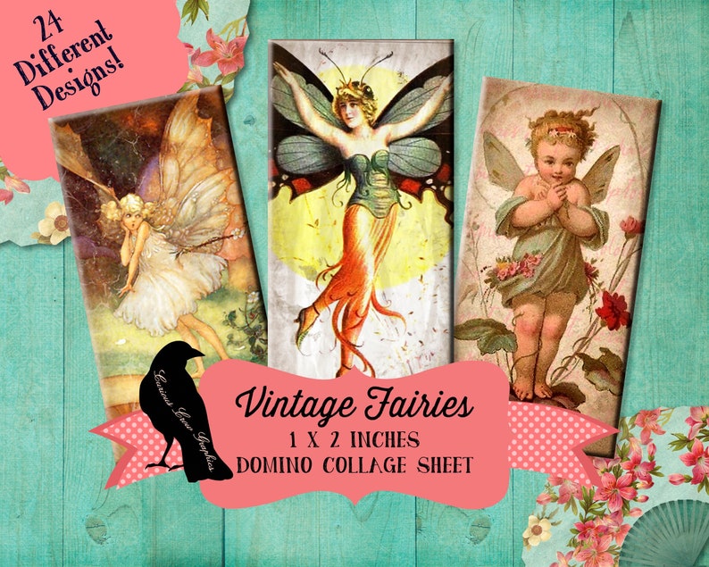 Vintage Fairies 1 x 2 inch Domino Digital Collage Sheet INSTANT Printable Download Jewelry, Scrapbook, Pendants image 1