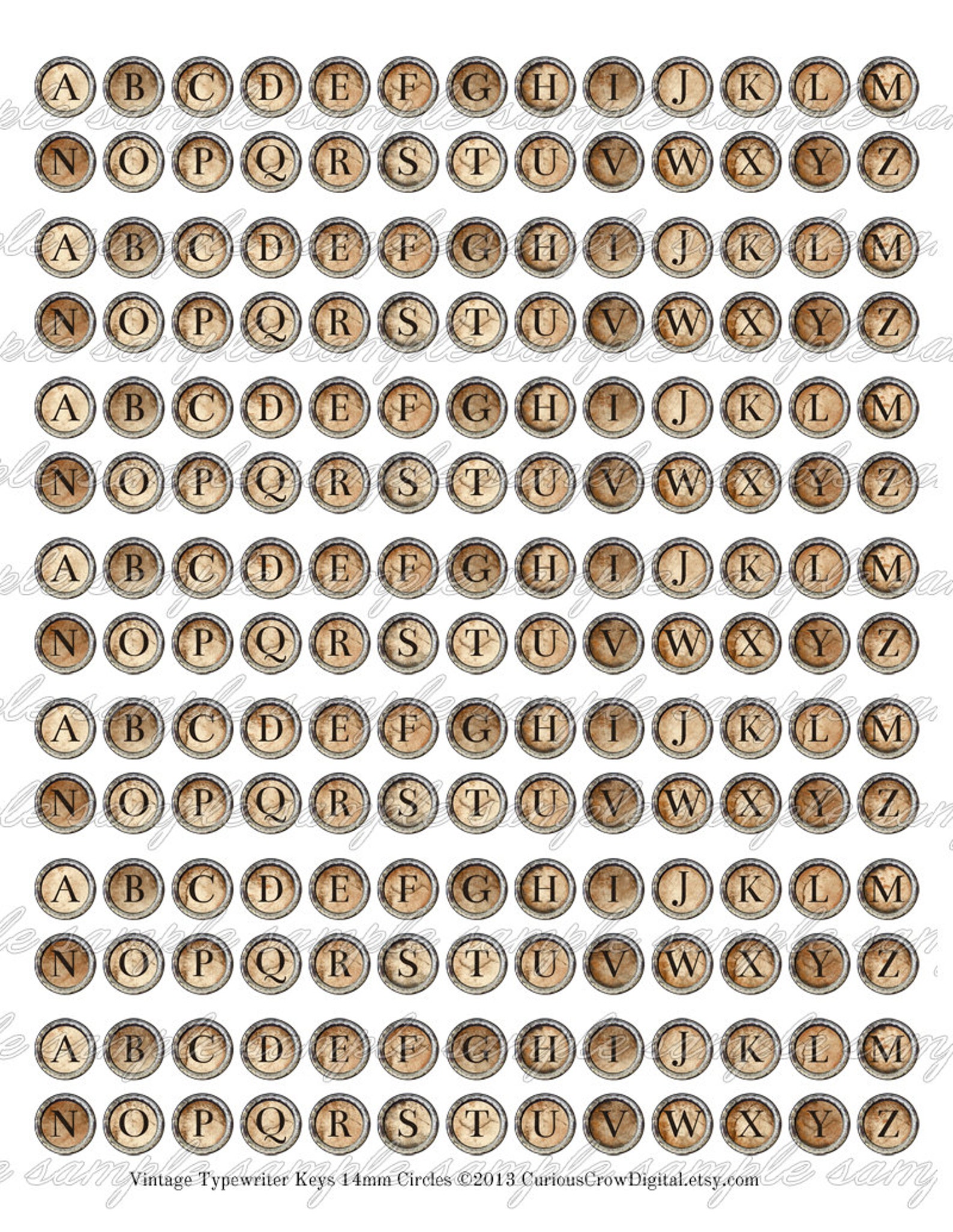 Vintage Typewriter Grungy Keys Letters 14mm Circle Rounds Digital Collage Sheet INSTANT Download ...