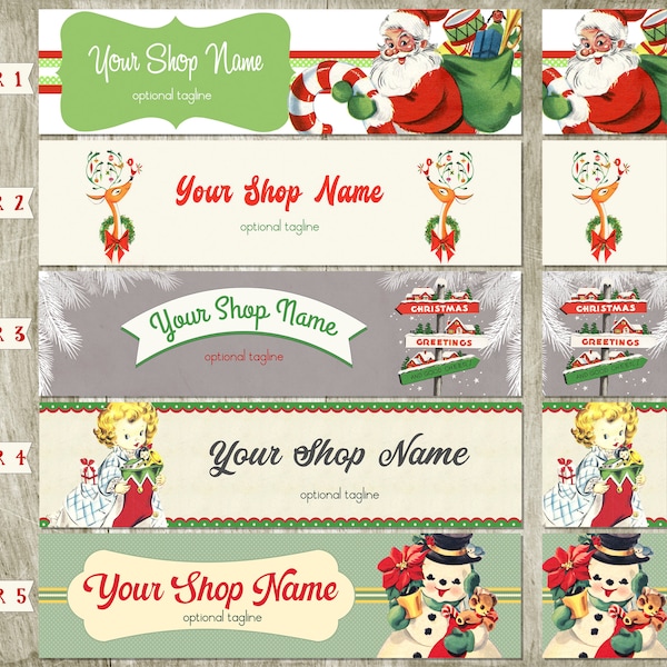 Christmas Etsy Shop Banner Set  Mid Century Design Your Choice from 5 Pre-made Vintage, Holiday Designs