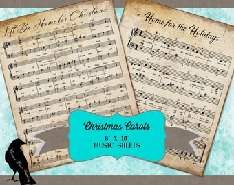 Grungy Aged Vintage Christmas Digital Sheet Music Printable Download 2 Sheets I'll Be Home for Christmas Home for the Holidays 5" x 7"