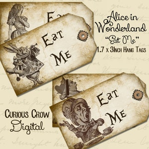 Eat Me Alice in Wonderland Characters Hang Tags Digital Collage Sheet 1.7 x 3 Inches INSTANT Printable Download Wedding or Party Favors