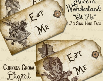 Eat Me Alice in Wonderland Characters Hang Tags Digital Collage Sheet 1.7 x 3 Inches INSTANT Printable Download Wedding or Party Favors