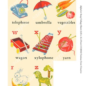 May include: A colorful alphabet chart with illustrations of objects starting with each letter. The chart features a red telephone, an umbrella, vegetables, a wagon, a xylophone, yarn, a rabbit, and a zebra.