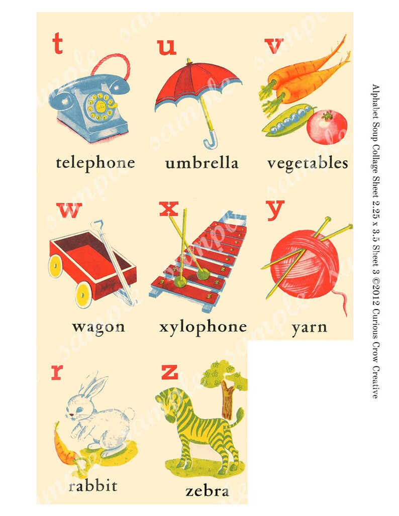 May include: A colorful alphabet chart with illustrations of objects starting with each letter. The chart features a red telephone, an umbrella, vegetables, a wagon, a xylophone, yarn, a rabbit, and a zebra.